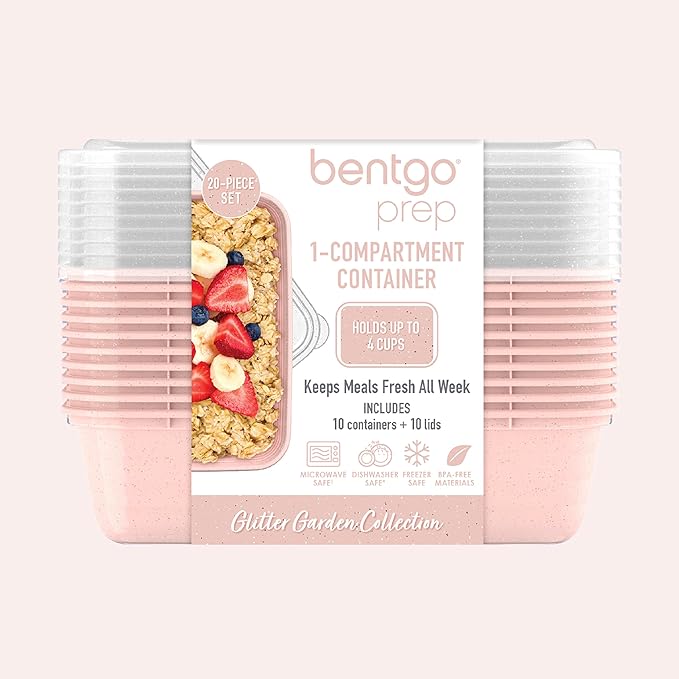 Bentgo 20-Piece Glitter Lightweight, Durable, Reusable BPA-Free 1-Compartment Containers - Microwave, Freezer, Dishwasher Safe (Glitter Garden Edition - Peony Glitter)
