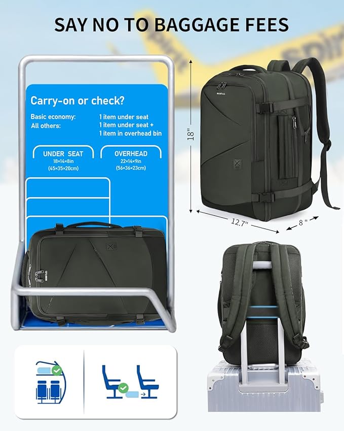 ECOHUB 30L Carry on Travel Backpack for Men Women 18x14x8, 17 inch Expandable Airlines Personal Item Bag Water Resistant Laptop Backpack Flight Approved with USB Slot & Wet Pocket, Green