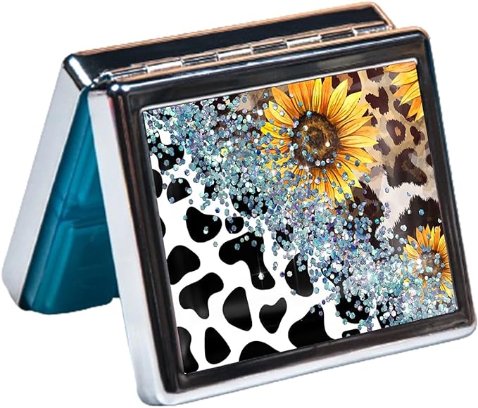 Silver Vintage Pill Box 7 Day Metal Pill Box with Mirror and 8 Compartments Cute Travel Pill Organizer for Purse (Cow Sunflower Leopard)