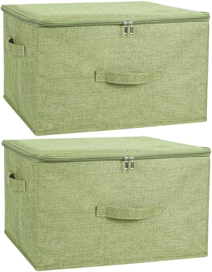 ANMINY 2PCS Storage Bins with Zipper Lids 36 Qt Lidded Fabric Storage Boxes Baskets Cubes with Handles Collapsible Washable Cotton Linen Closet Shelf Clothes Organizer Containers - Green, Large