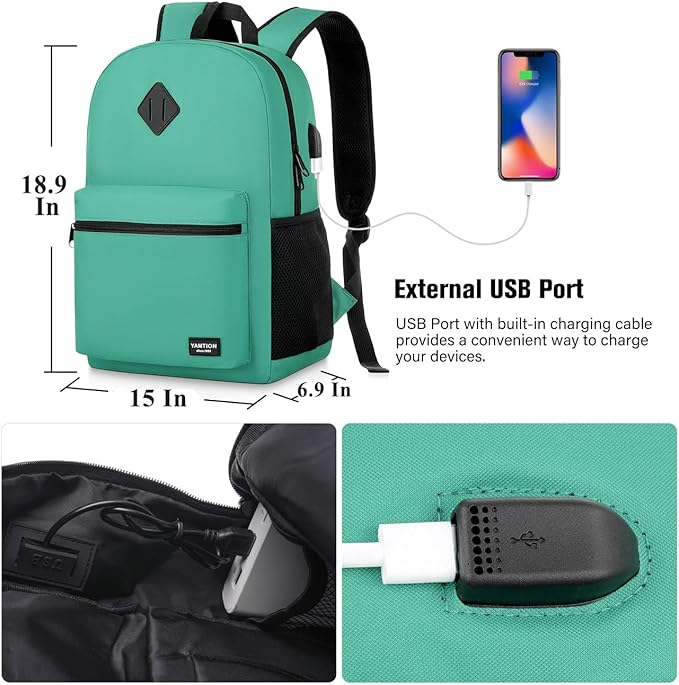 17 Inch School Backpack for Teens,Green Bookbag Classic Backpack with USB Port for High School College Students