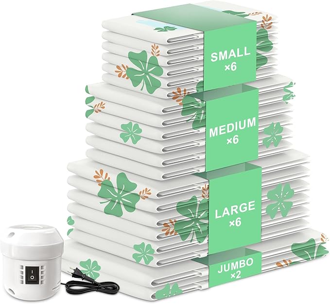 20 Pack Vacuum Storage Bags for Clothing Travel with Electric Pump, 4 Sizes Jumbo/Large/Medium/Small Space Saver Bags Vacuum Sealed for Luggage Blankets, Vacuum Seal Bags for Bedding Comforters