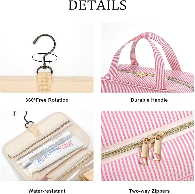 YOOLIFE Travel Toiletry Bag Makeup Bag - Hanging Toiletry Bag for Women, Portable Toiletries Travel Bag and Cosmetic Bag, Airplane Travel Essentials Travel Toiletry Bag - Letter J, Pink
