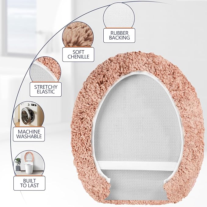 Microfiber Elongated Toilet Seat Cover 19.5"x 15" Machine Washable Solid Toilet Lid Cover Adjustable Rubber Backing Fits Most 18-19.5" L x 14-16" W Elongated Toilet Seat