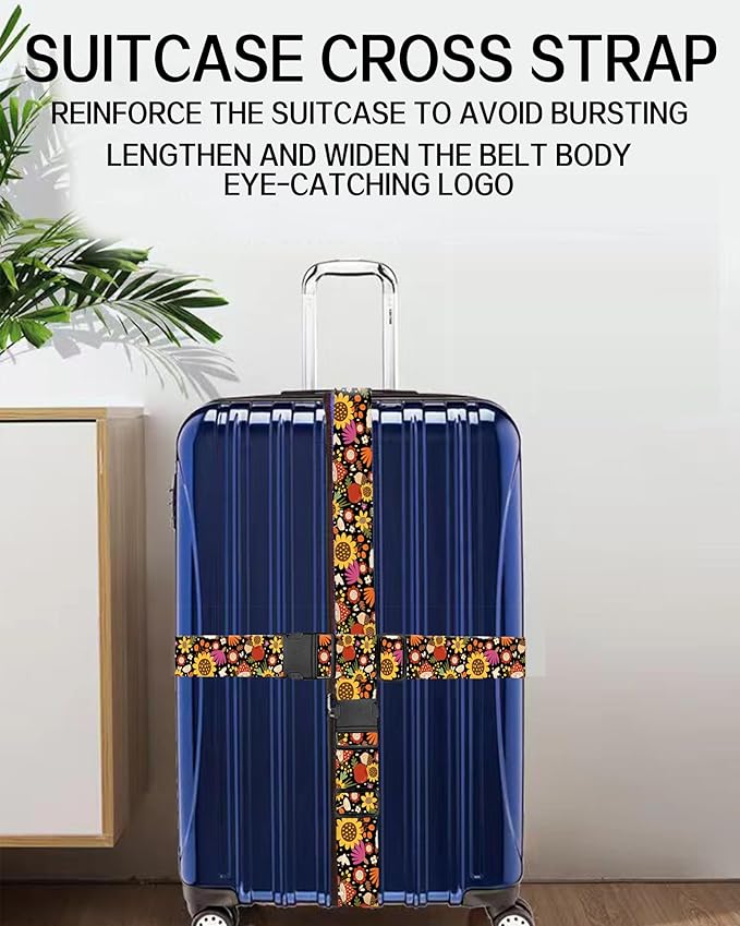 Luggage Straps for Suitcases, Adjustable Travel Belt, Durable Wide Luggage Strap, Cute Suitcase Strap Identifiers with Buckle, Bag Straps for Luggage, Cute Boho Mushrooms
