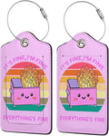 2 Pack Luggage Tags for suitcases Cute Pink Trash on fire I'm Fine It's Fine Luggage Tag, Leather Stainless Steel Loop Label Tag for Men Women Travel Bag Suitcase(Pink Trash)