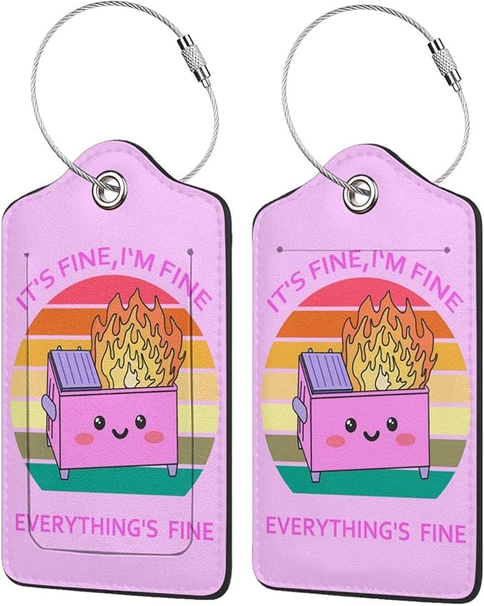 2 Pack Luggage Tags for suitcases Cute Pink Trash on fire I'm Fine It's Fine Luggage Tag, Leather Stainless Steel Loop Label Tag for Men Women Travel Bag Suitcase(Pink Trash)