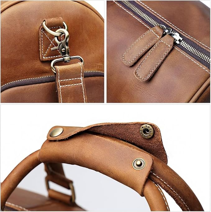 Mullis Mercantile Leather Weekender Bag, an ideal men's classic. Perfect for overnight stays, full-grain leather, a retro design, gym, and a YKK zipper, brown. (22 inch Vintage Leather Duffle)