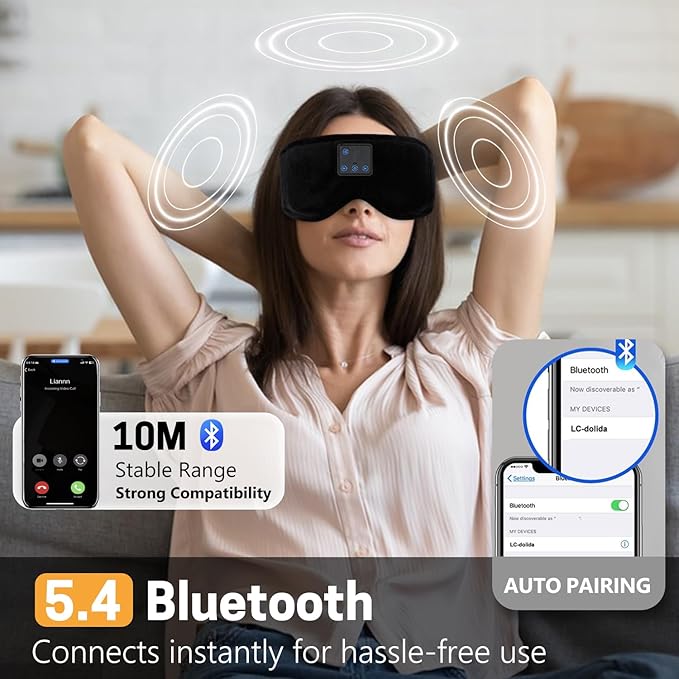 Sleep Mask with Bluetooth Headphones 3D Contour Sleeping Headphones 5.4 Wireless Bluetooth, Ultra-Thin Stereo Speakers Blackout Eye Masks for Men Women Travel Sleep