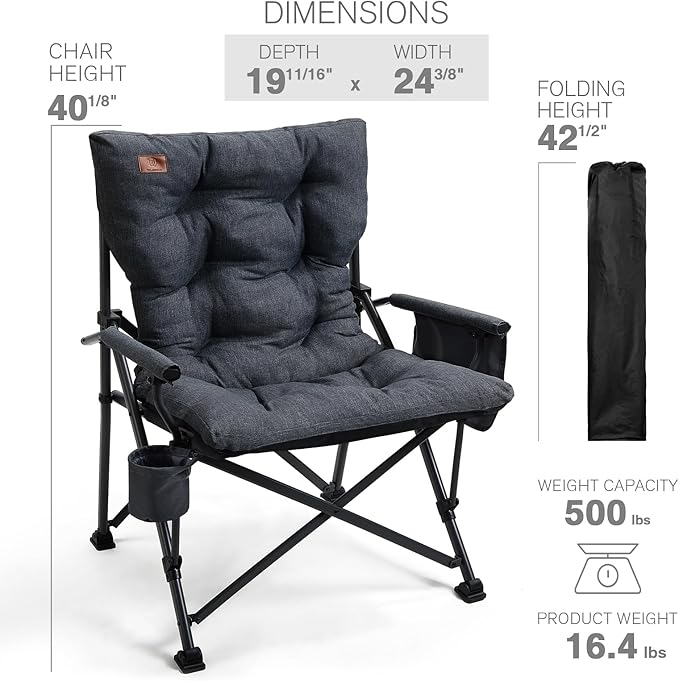 EVER ADVANCED Padded Oversized Folding Camping Chair for Adults, Heavy Duty Lawn Chair with Side Pockets, Portable Collapsible Quad Chair for Outside, Support Up to 500lbs, Black