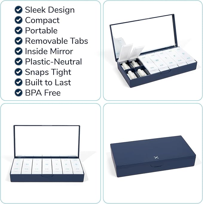 PORT X POLISH Designer Weekly Pill Box Organizer (AM/PM 2X Daily, Crisp White) | Compact, Stylish 7-Day Vitamin Supplement Case | Cute Portable Mini Travel Medicine Carrier | BPA-Free Pillbox Caddy
