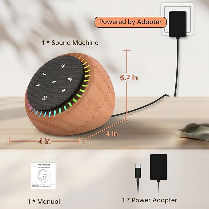 DreamSky Sound Machine for Sleep, White Noise for Sleeping Adults & Baby, Brown Noise Fan for Office Privacy & Noise Canceling, 26 Sounds & RGB Light, USB-C Powered for Home Travel, Wood Grain