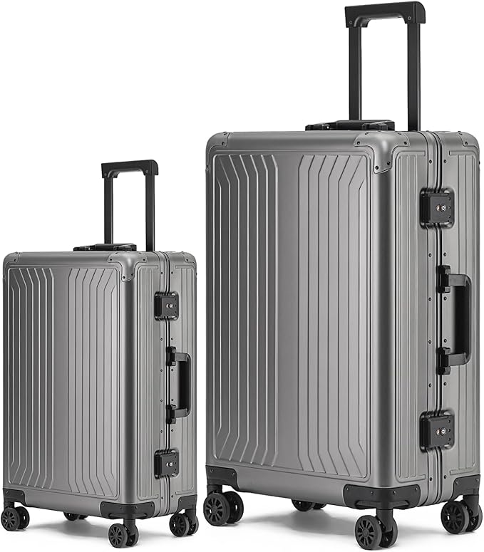Metal all aluminum carry-on suitcase 20 "hard face, TSA lock and rotating wheel zippered luggage set (dark grey, 2Piece(20/28))