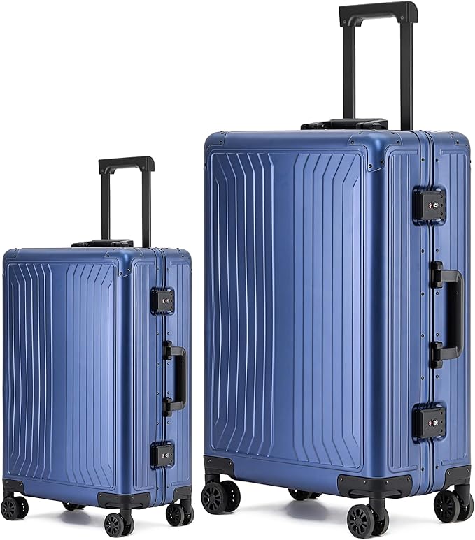 Metal all aluminum carry-on suitcase 20 "hard face, TSA lock and rotating wheel zippered luggage set (blue, 2Piece(20/28))