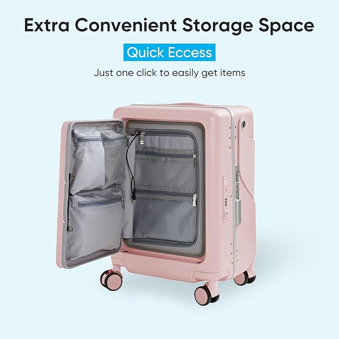 TABU 20" Ride-on Luggage with Seat，Front Opening Carry-On Hardshell Ride On Suitcase with Built-in Charging Port, 360° Lockable Spinner and TSA Lock, for Kids & Adults, Pink