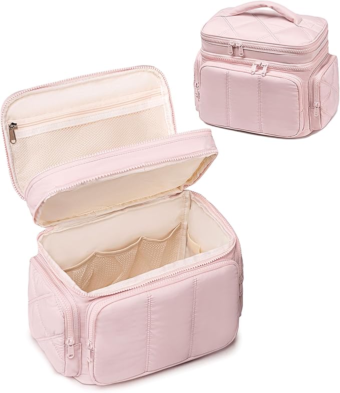 LEDAOU Toiletry Bag for Women,Quilted Travel Makeup Bag Organizer with Double Deck, Large Wide-open Cosmetic Make up Bag for Travel Essentials (Pink Puffy)