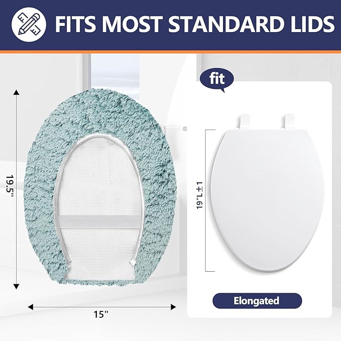 Microfiber Elongated Toilet Seat Cover 19.5"x 15" Machine Washable Solid Toilet Lid Cover Adjustable Rubber Backing Fits Most 18-19.5" L x 14-16" W Elongated Toilet Seat