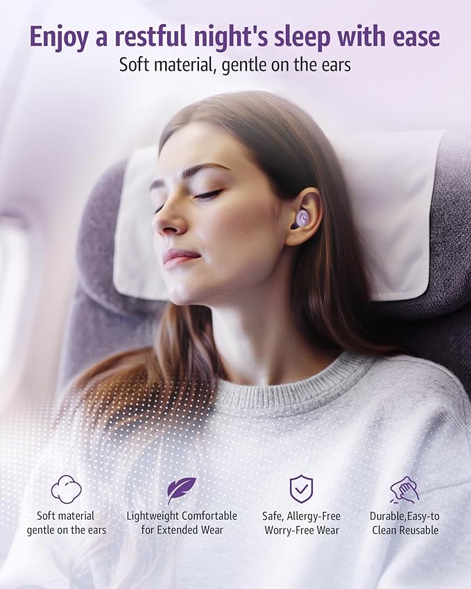 Ear Plugs for Sleeping Noise Cancelling Earbuds:45db Loop Earplugs for Concerts/Shooting/Travel/Snoring Silicone Hearing Protection Sleep Ear Plugs with Reusable 8 Ear Tips （Purple）