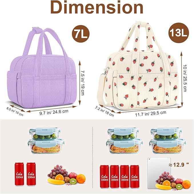 Corduroy Lunch Box Lunch Bag for Women Men, Cute Strawberry Small Insulated Reusable Work Leakproof Simple Lunch Boxes Tote Bag Adults Cooler Bag