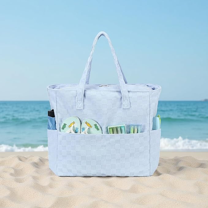LEDAOU Large Beach Tote Bag Women Waterproof Sandproof Zipper Beach Tote Bag for Pool Gym Grocery Travel with Wet Pocket