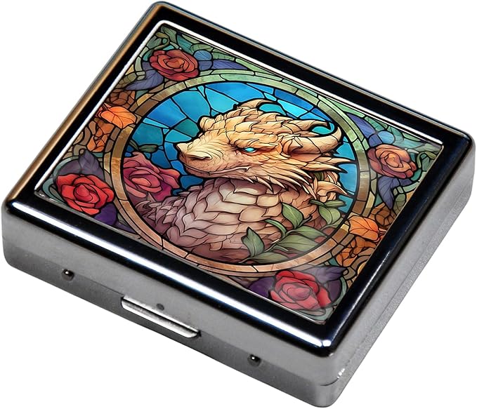 Silver Vintage Pill Box 7 Day Metal Pill Box with Mirror and 8 Compartments Cute Travel Pill Organizer for Purse (Dragon Stained Glass)