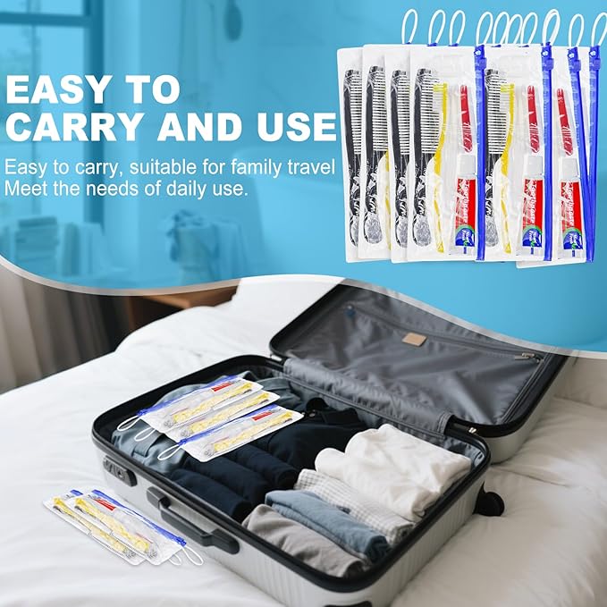Personal Hygiene Kit Bulk Pack of 100,Yellow Disposable Toothbrushes with Toothpaste Floss Comb Cover and Hotel Vanity Set Basic Travel Toiletry Kit Supplies for Homeless,Charity,Guests