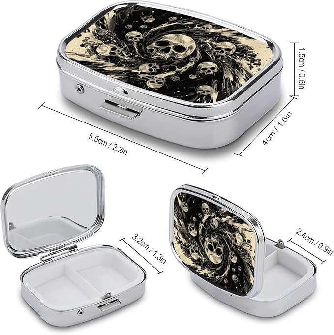 Metal 2 Compartment Pill Organizer Travel Friendly Portable Compact Pill Box Cute Pill Case,for Pocket Wallets Daily Portable Medicine Vitamin Tablet Storage (The Skeleton in The Vortex)