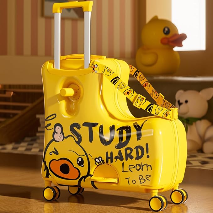 Kids' Lightweight Ride on Luggage with Spinner Wheels & Foldabe Design (Yellow Study, 24"+ Aged 3-12 Toddler)