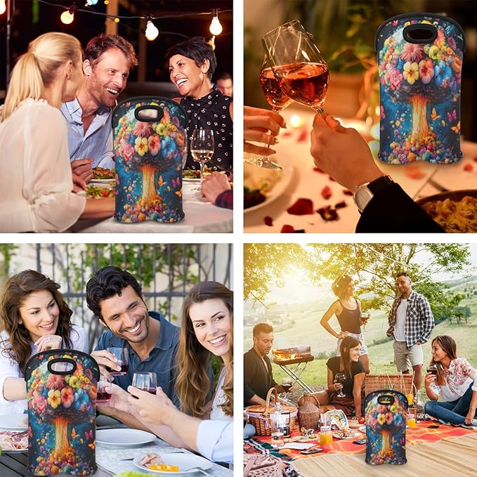 Neoprene Wine Tote, Bottle Carrier Gag Insulating Neoprene Thicker, Insulated Wine Bag for Travel Holds Two Bottles, Bottle Carrier Bags Protect the Bottles, Mushroom Flower