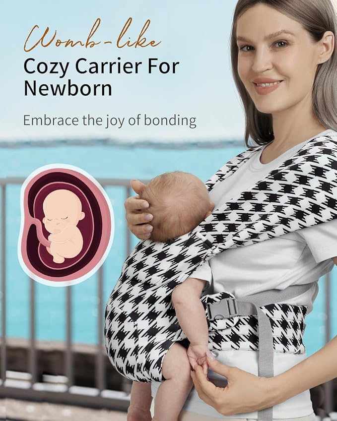 Newborn Carrier, Cozy Baby Carrier, Ergonomic Cross-Back Wrap, Hands-Free with Supportive Comfort, Tweed Black & White