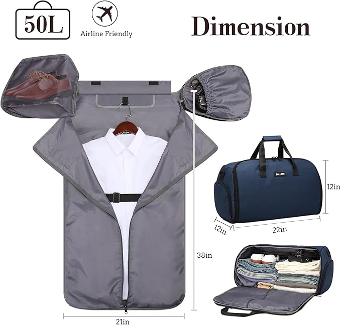 Garment Duffle Bags for Travel, Carry On Garment Duffel Weekender Bag 45L | 2-days Trip,Wrinkle-Free Travel,Separate Shoe Pocket | Overnight Garment Bag for Vacation, Business Trips, Weekend