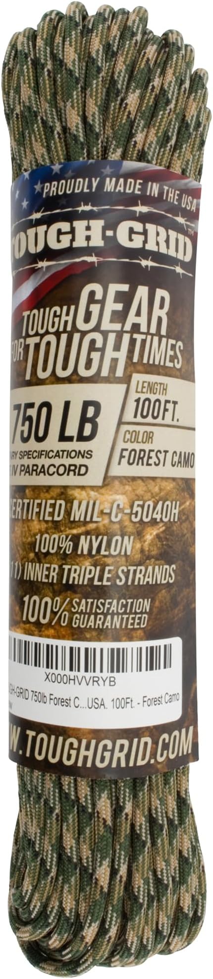 TOUGH-GRID 750 Paracord Rope Nylon Parachute Cord, Made in USA Survival Kit, Outdoor Adventures, Camping, Tactical Gear & Emergency Supplies, Military Type IV Mil-Spec