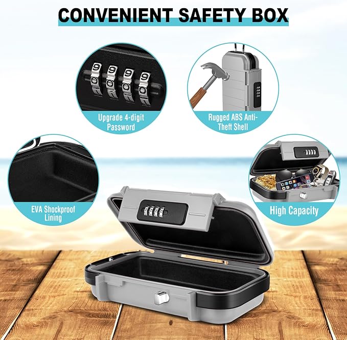 HUANLANG Portable Safe Lock Box with Combination Lock Mini Beach Travel Safe Waterproof Small Lockable Box with Removable Wire Rope Combination Safe Box for Dorm,Travel,Beach,Hotel,Car,Home,Office