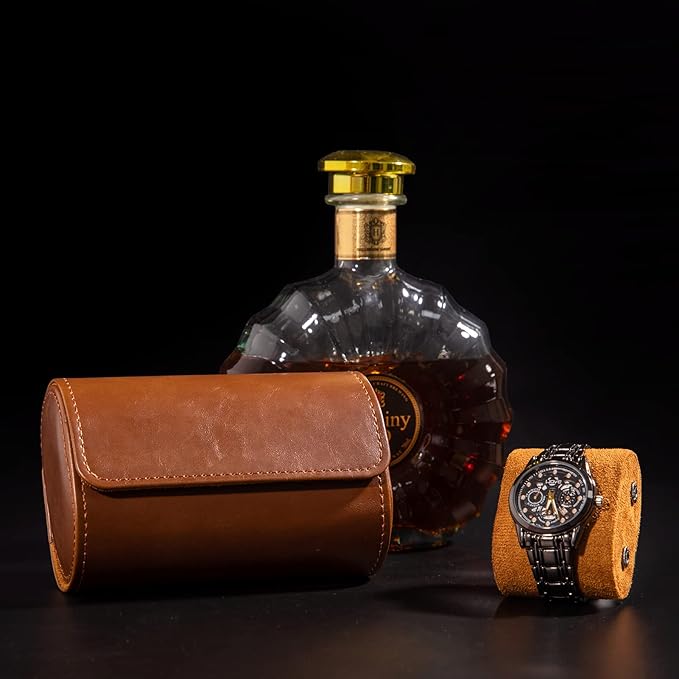 MR.OKAY 2 Watch Travel Case-Classic Leather Watch Case With Superb Texture.Portable Watch Roll Or Organizer For Storage And Display. Travel Gift for Men, All Handmade By Leather Craftsmen.