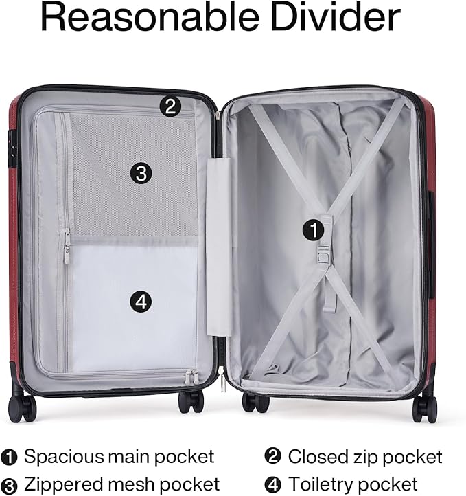 Hanke 20 Inch Expandable Carry on Luggage 22x14x9 Airline Approved Lightweight PC Hard Shell Suitcases with Wheels Tsa Luggage Rolling Suitcase Travel Luggage Bag for Weekender(Burgundy)