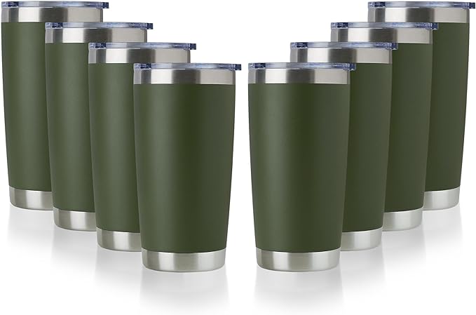 DOMICARE 20oz Stainless Steel Tumbler Bulk with Lid, Double Wall Vacuum Insulated Travel Mug, Powder Coated Coffee Cup, Army Green, 8 Pack