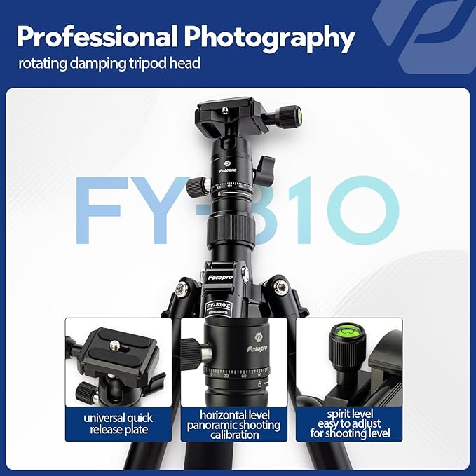 Fotopro Mini Tripod with Ball Head, Phone Mount Detachable Selfie Stick, Folded only 8.6", Max Load up to 6.6 lbs. FY-810 Black