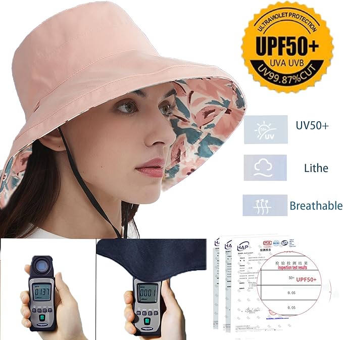 vidsel Womens Sun Hats Wide Brim Reversible Bucket Cotton Hat Packable Summer Travel Cap with Hat Clip,UV Protection