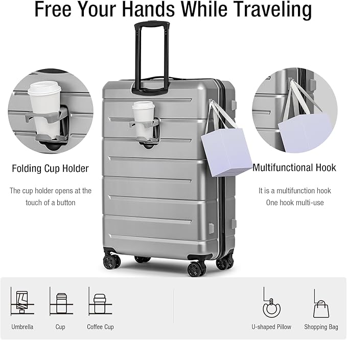 KYME Suitcases with Wheels Hardshell 30 Inch Luggage TSA Approved Large Checked Luggage Durable Travel Rolling Suitcase with Cup Holder for Women Men Silver Grey