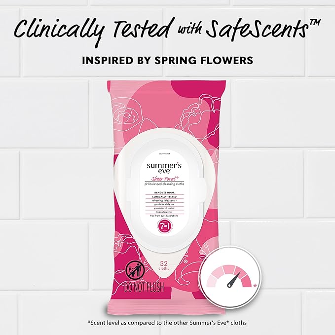 Summer's Eve Sheer Floral Daily Refreshing Feminine Wipes, Removes Odor, pH balanced, 32 Count, 4 Pack