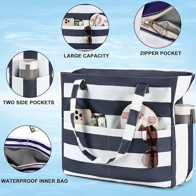 LEDAOU Beach Bag Waterproof Sandproof Women Tote Bag Pool Bag with Zipper for Gym Grocery Travel with Wet Pocket