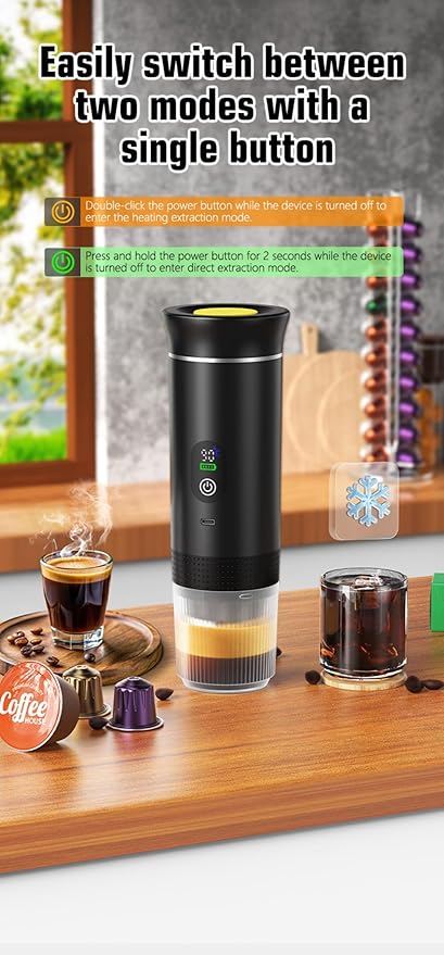 Portable Electric Coffee Maker, Digital Display, Compatible with Coffee Pods,Rechargeable Coffee Machine for Travel, Camping, RV,Home,Office (grey)