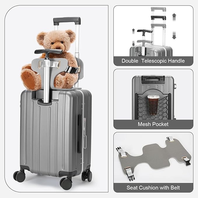 MRPLUM Carry On Luggage Double Handle Suitcase with Net Pocket,Hard Shell Spinner Wheels Luggage with TSA Lock&Seat Belt,20 inch,Grey