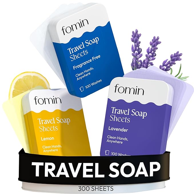 FOMIN - Antibacterial Paper Soap Sheets Tin for Traveling - (300 Sheets) Variety Pack (Unscented, Lemon, Lavender) Portable Travel Hand Soap Sheet, Dissolvable Mini Camping Hand Soap for Hand Washing