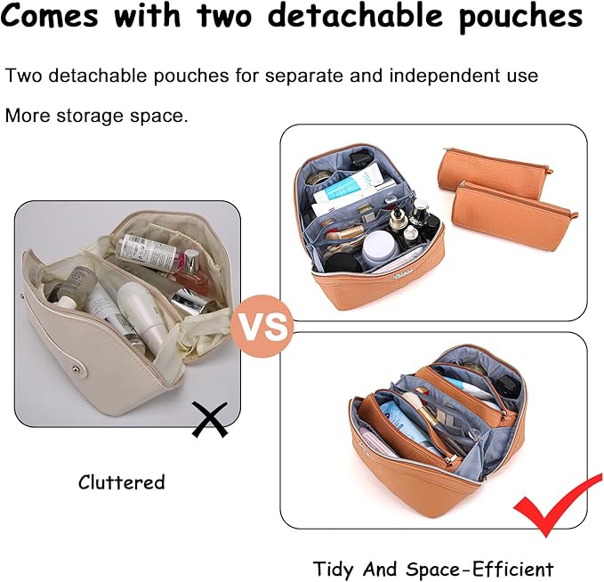Travel Makeup Bag Organizer Cosmetic Bag: 3 Pcs Set Make up Bags for Women with Handle - Waterproof Vegan Leather Toiletry Bags with Comparments (C-08-Orange)