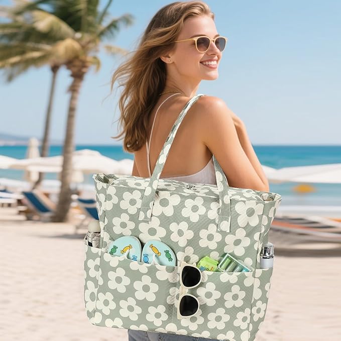 LEDAOU Beach Bag Waterproof Sandproof Women Tote Bag Pool Bag with Zipper for Gym Grocery Travel with Wet Pocket