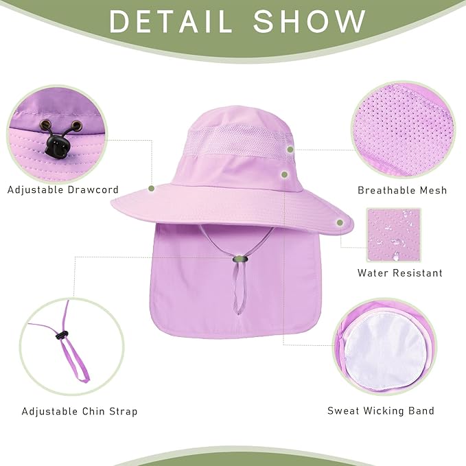 Fishing Hat Breathable Wide Brim Sun Hats with Neck Flap Bucket Hat Outdoor Safari Hat for Men Women UPF 50+ Sun Protection