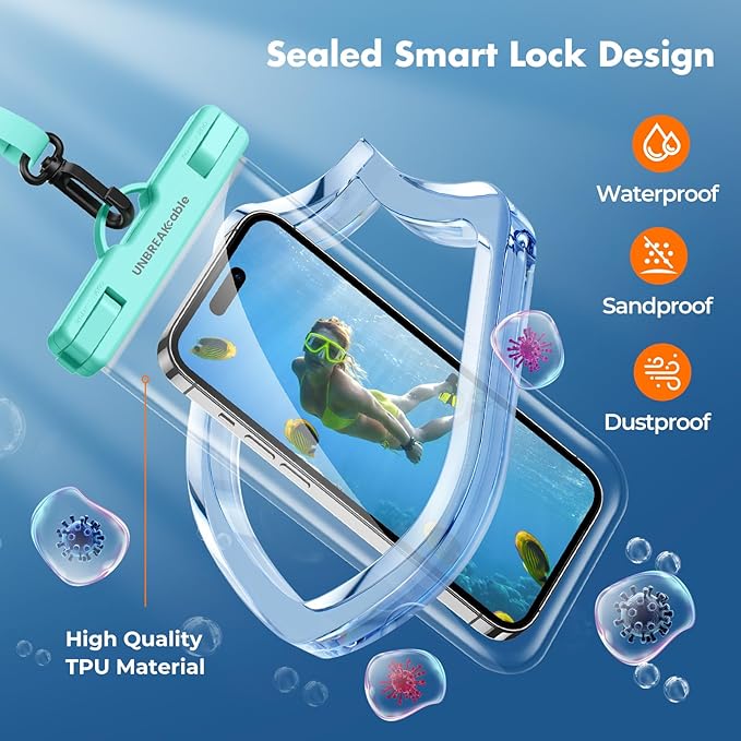 UNBREAKcable Waterproof Phone Pouch-2 Pack IPX8 Waterproof Phone Case for iPhone 16 15 14 13 12 11 Pro Max & Samsung S25 S24-Dry Bag & Travel Essentials for Beach, Pool, Kayak & Cruise-7" Blue+Green