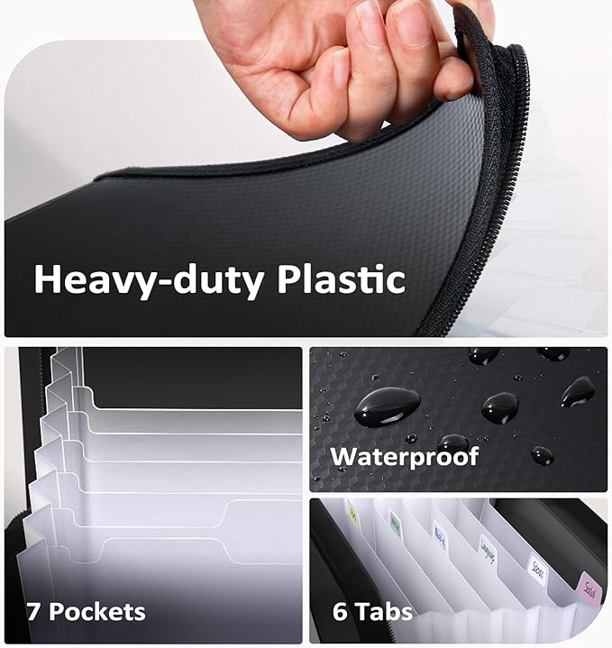 Sooez 7 Pockets Accordion File Organizer, Zipper Expanding File Folder, Heavy Duty Folder Organizer, Sleek Letter Size Accordion Folder, Portable Expandable File Folder for Documents, Black