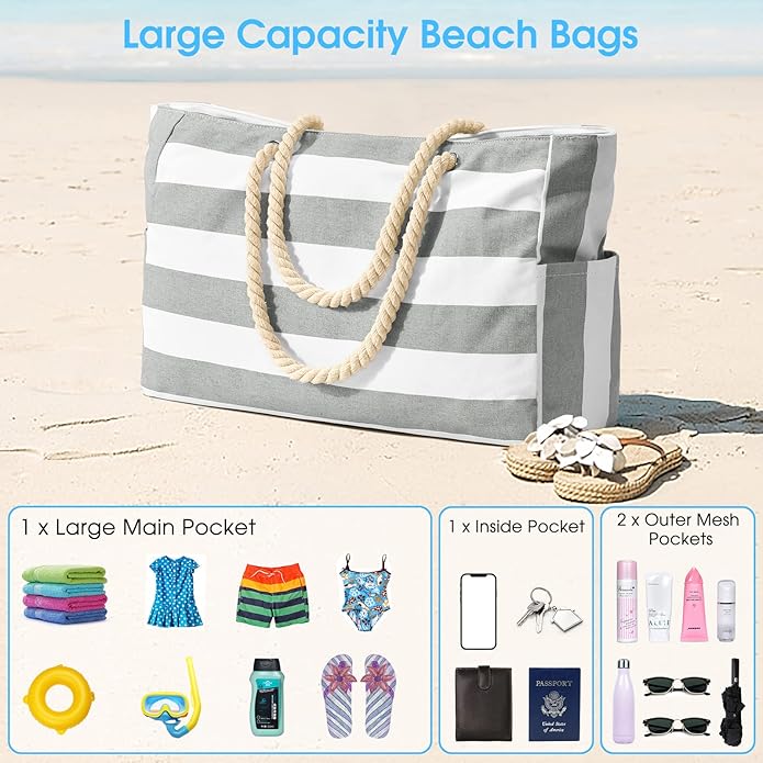 Becokan Beach Bags for Women Large Waterproof Beach Tote Bag Zipper Beach Bags Waterproof Sandproof Swim Pool Bag Large Tote
